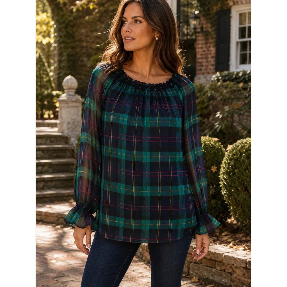 Talbots Women 2XP Tartan Plaid Blouse Green Sheer Sleeve Chiffon Top Heritage